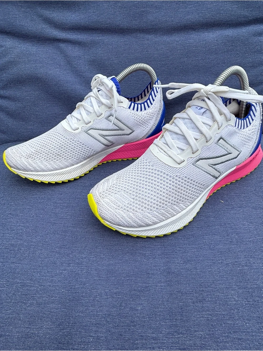 New Balance White Knit Sneakers with Pink, Blue & Yellow Accents